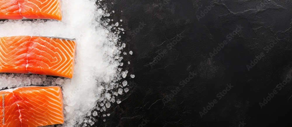 Leinwandbilder Three raw salmon fillets arranged on a black surface, sprinkled with salt from above, creating a top view perspective. with copy space image. Place for adding text or design