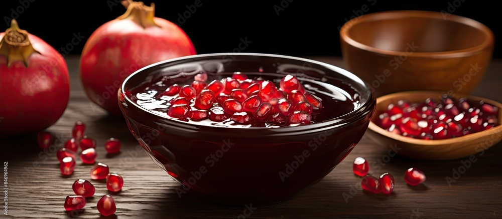 Leinwandbilder Pomegranate seeds and sweet-sour syrup in small dish accompanied by a bowl of apples. with copy space image. Place for adding text or design
