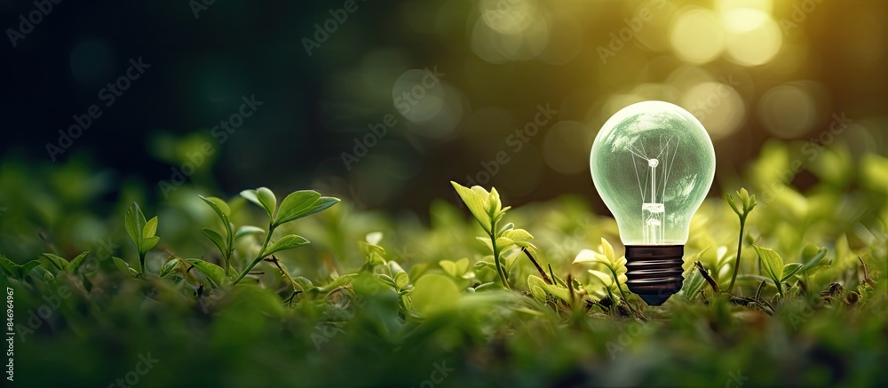 Aufkleber Light bulb positioned on vibrant green field, symbolizing energy efficiency and sustainability in business practices for a greener environment. with copy space image. Place for adding text or design