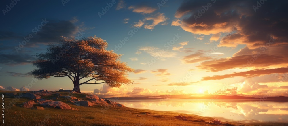 Aufkleber Lake reflecting the colors of the setting sun with a single tree standing on a hill. with copy space image. Place for adding text or design