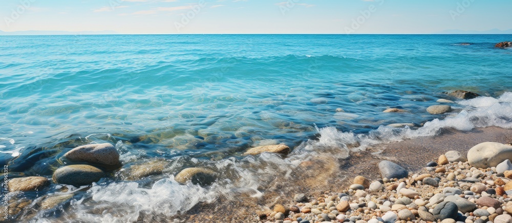 Aufkleber beach with rocky shore and clear blue waters on a bright day, featuring foam waves and pebble beach.