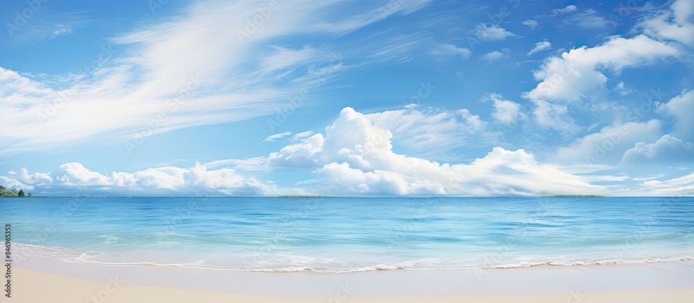 Poster Scenic view of a tranquil beach from above with crystal blue sky and fluffy white clouds. with copy space image. Place for adding text or design