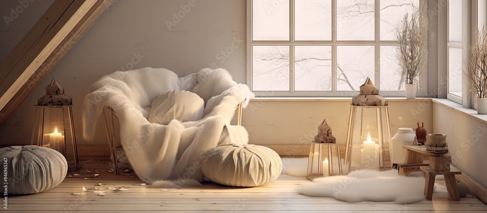 Fototapete Cozy chair complemented by an array of pillows in a bright room designed with natural elements in Scandinavian style. with copy space image. Place for adding text or design