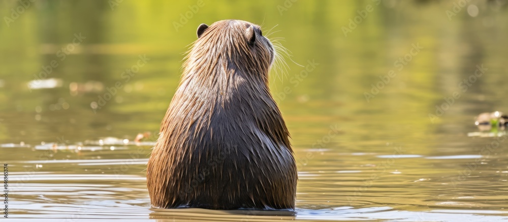 Poster a semi-aquatic rodent known as a nutria is seen from behind, displaying its head and long hairless t