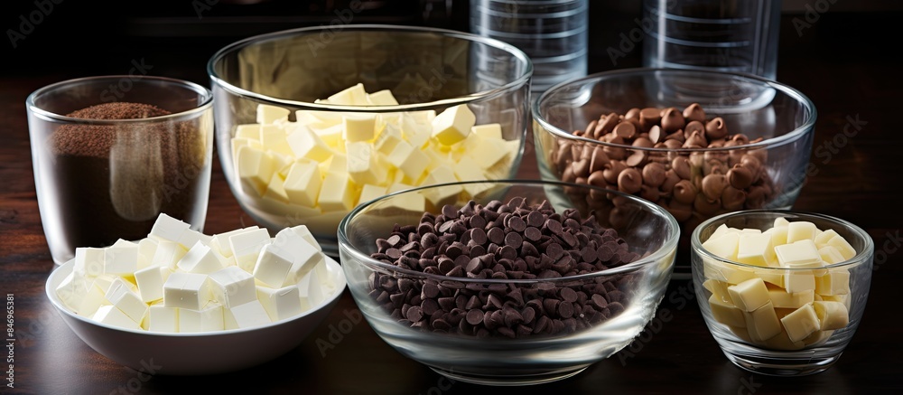 Poster bowls on the table filled with an assortment of different chocolate varieties ready for preparation.