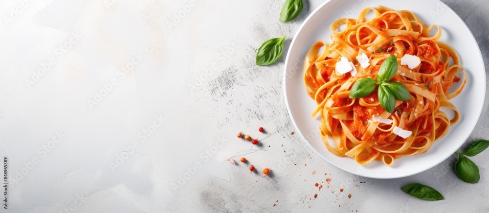 Poster classic italian tagliatelle pasta topped with tomato sauce, parmesan cheese, and fresh basil on a pl