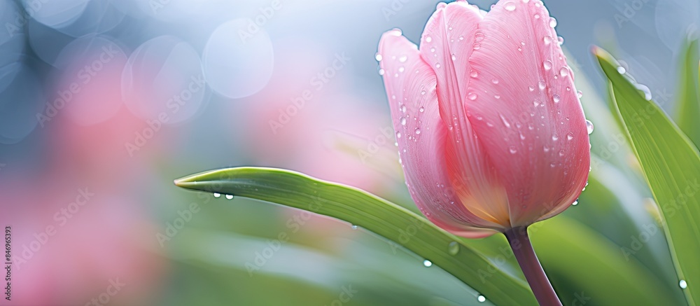 Aufkleber Pink tulip drenched in rain droplets, captured with selective focus and a shallow depth of field. with copy space image. Place for adding text or design
