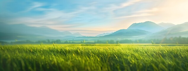 Fototapeta premium Beautiful blurred background of green grass meadow and blue sky with mountains in the distance