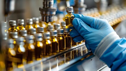 Worker in blue gloves is inspecting the quality and testing random small vials with golden liquid on a production line at a factory for olive oil