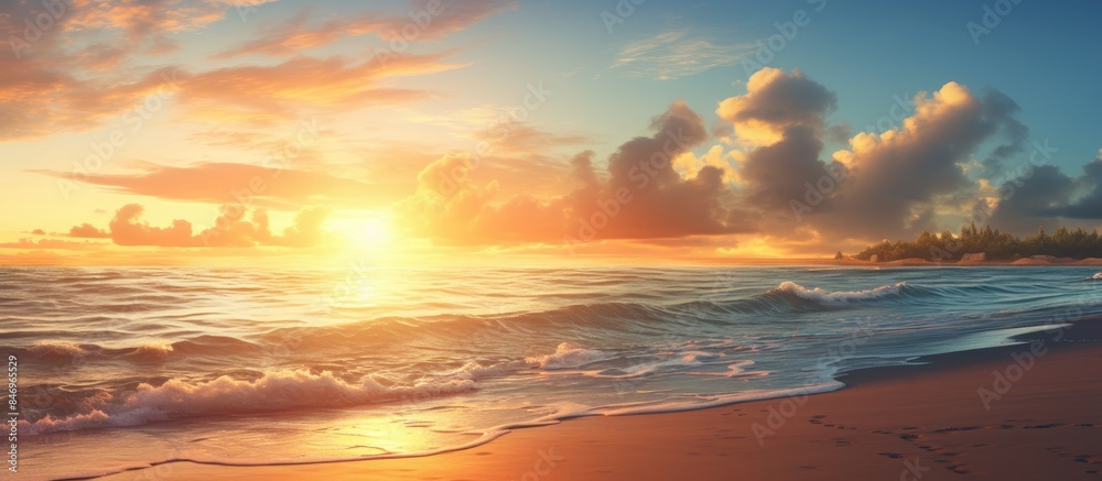 Poster Vibrant painting of sunset over the ocean with waves rolling in on the beach at sunrise. with copy space image. Place for adding text or design