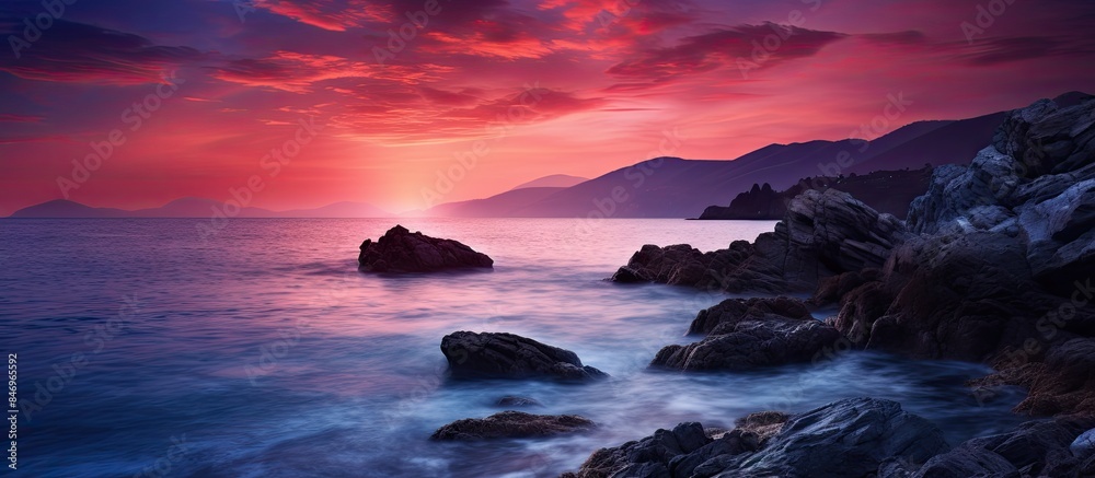 Aufkleber Scenic view of the sun setting over the tranquil ocean, casting a warm glow on the rocks and water below. with copy space image. Place for adding text or design