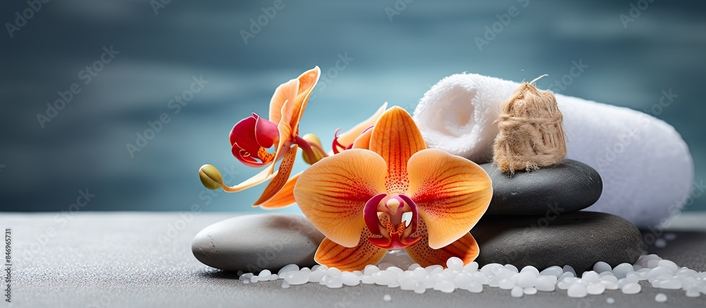 Poster A serene composition featuring a flower placed delicately on top of some rocks. with copy space image. Place for adding text or design