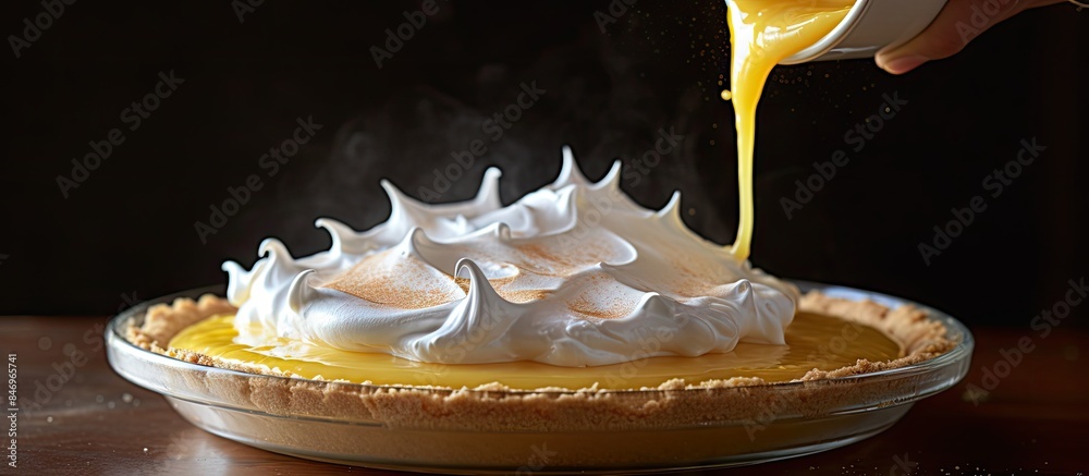 Leinwandbilder pouring homemade lemon filling onto a graham cracker crust topped with meringue for a delicious lemo