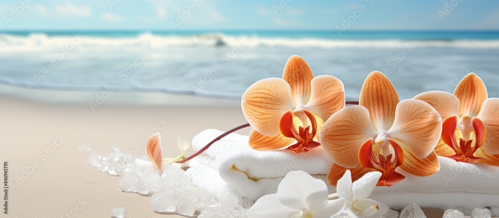Poster Orange orchid flowers placed on a beach towel, creating a spa composition with sea salt. with copy space image. Place for adding text or design
