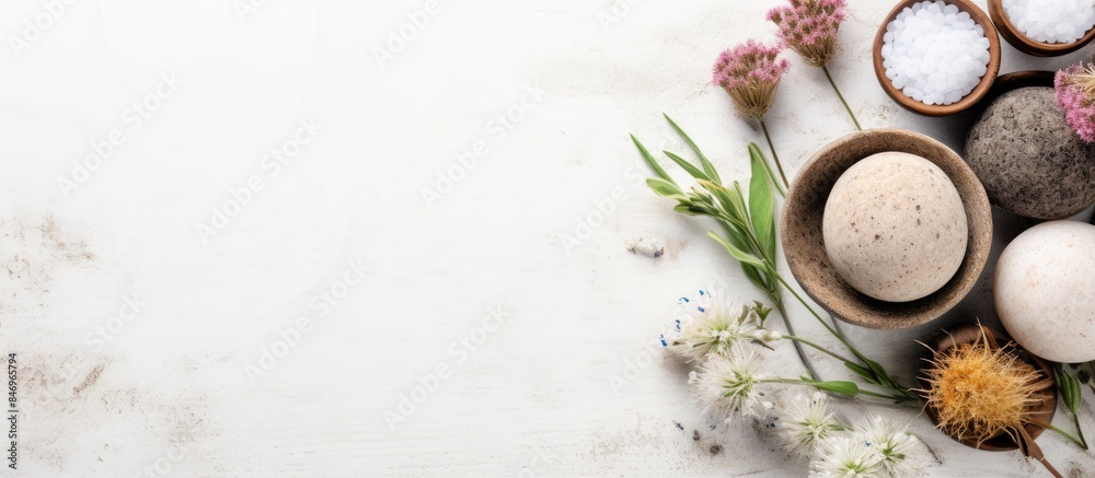 Fototapete arrangement of fresh eggs and vibrant flowers displayed in bowls on a wooden table. with copy space 
