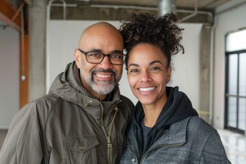 Portrait of a happy mixed race couple in their 40s wearing a functional windbreaker while standing against empty modern loft background