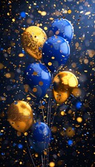 Luxurious golden and blue balloons with confetti in 3d render on black background