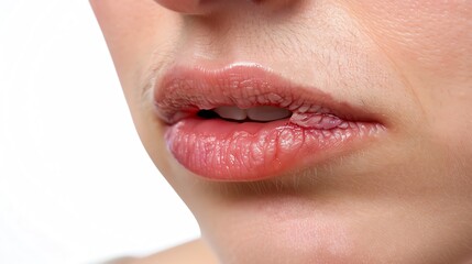 Close-up of a woman's chapped lips with a slight expression, highlighting texture and detail. Skincare and health concept.