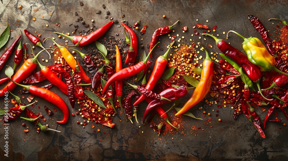 Aufkleber a close-up shot showcasing a vibrant assortment of fresh and dried chili peppers, arranged on a rust