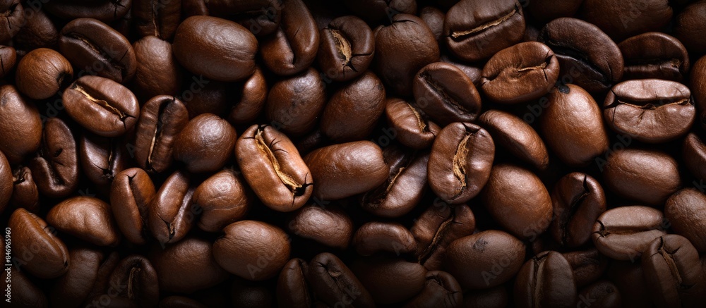 Aufkleber Macro shot of textured roasted coffee beans in a close-up view. with copy space image. Place for adding text or design