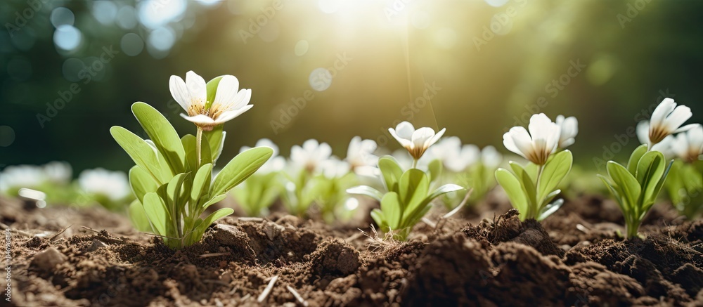 Poster blooming white flowers emerge from the earth in a garden filled with planted white flower seeds. wit