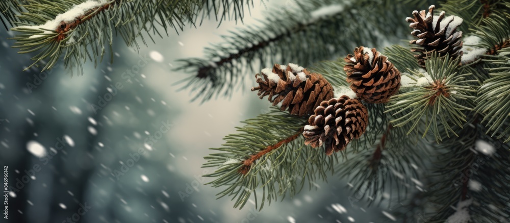 Aufkleber A majestic spruce tree covered in snow with pinecones hanging from its branches in the winter landscape. with copy space image. Place for adding text or design