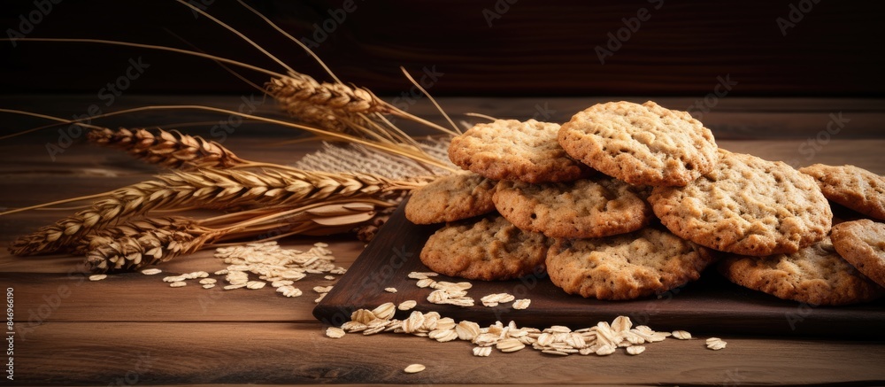 Poster A detailed view of a stack of oatmeal cookies arranged on a wooden cutting board. with copy space image. Place for adding text or design