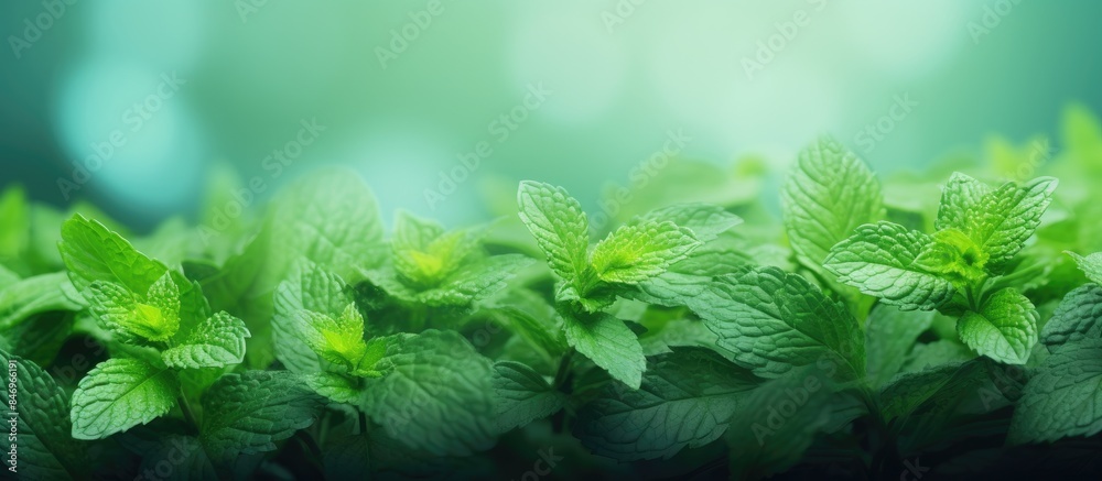 Poster many vibrant green leaves are spread across the ground, illuminated by the bright sunlight. mint lea