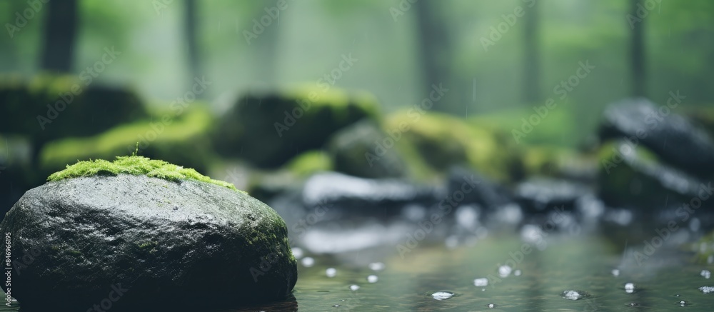 Leinwandbilder A close-up view of a rock covered in lush green moss sitting in a flowing stream. with copy space image. Place for adding text or design