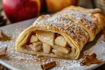 Closeup of fresh apple strudel sprinkled with powdered sugar, served on a white plate