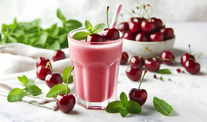 A glass of smoothie with cherries and mint leaves, several fresh cherries adorn the top of the smoothie