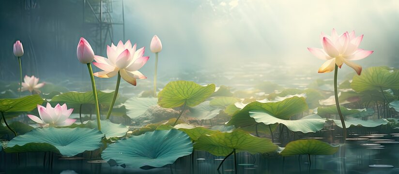 Blooming lotus flowers in the pond under sunlight with surrounding water lilies. with copy space image. Place for adding text or design