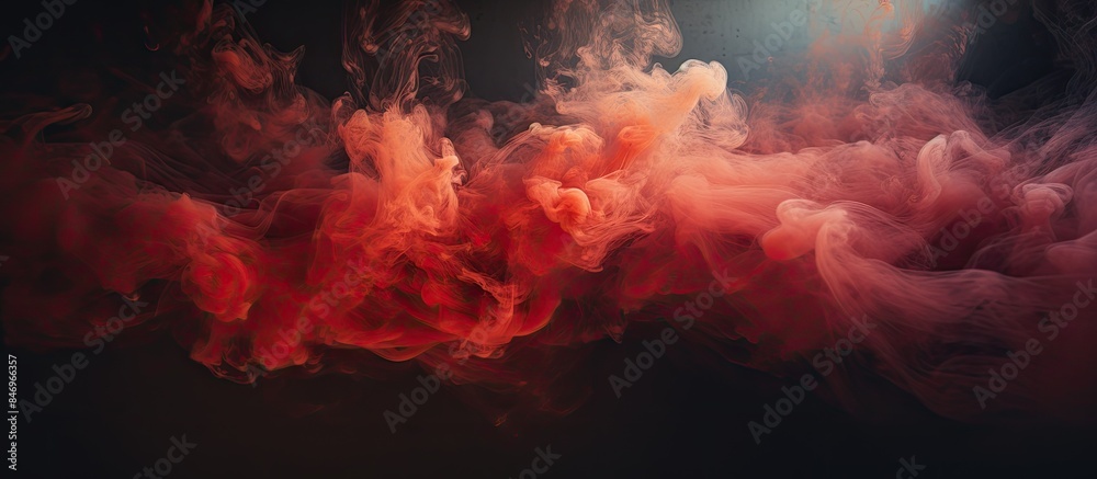 Poster Dark smoke, tinged with red and black hues, twists and swirls in the atmosphere following a fire accident. with copy space image. Place for adding text or design
