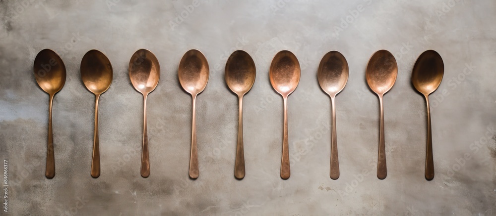 Aufkleber Five shiny silver spoons delicately placed in a row on a table, with a plain wall as the backdrop. with copy space image. Place for adding text or design