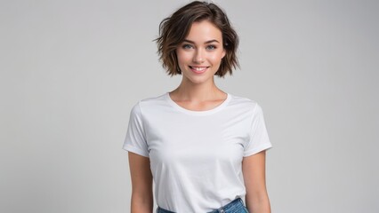 Obraz premium Young woman with short hair wearing white t-shirt and blue jeans isolated on grey background
