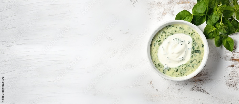 Aufkleber yummy yogurt topped with fresh basil, in a close-up view. with copy space image. place for adding te