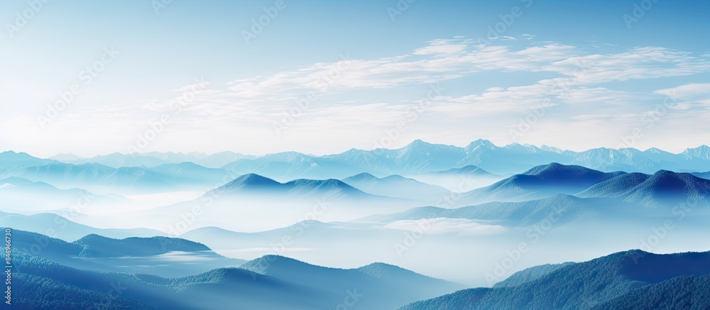 Poster Scenic view of mountain range against a backdrop of clear blue sky with fluffy clouds, showcasing a sea of clouds nestled between the peaks. with copy space image. Place for adding text or design