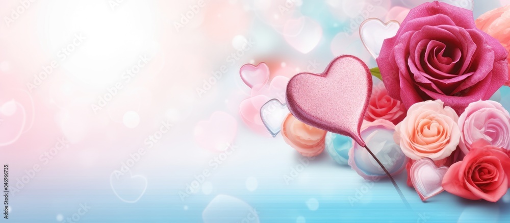 Fototapete blue backdrop adorned with roses, hearts, and bokeh lights creating a romantic atmosphere. with copy
