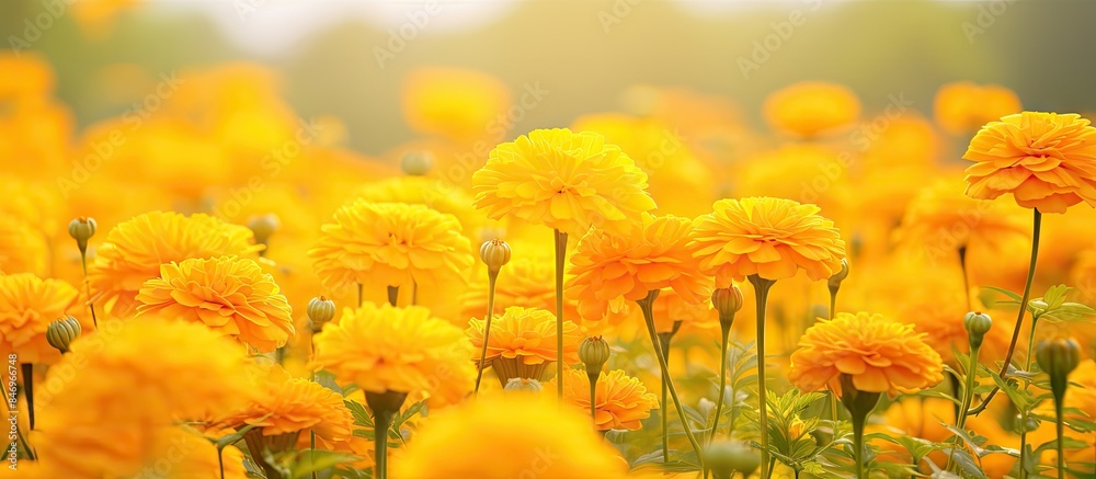 Leinwandbilder Beautiful yellow flowers blooming in a field, creating a scenic view with a soft focus background. with copy space image. Place for adding text or design