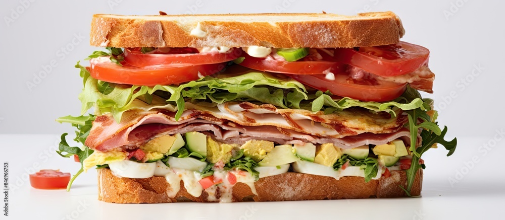 Leinwandbilder close-up view of a tasty sandwich featuring lettuce, tomato, and ham. with copy space image. place f