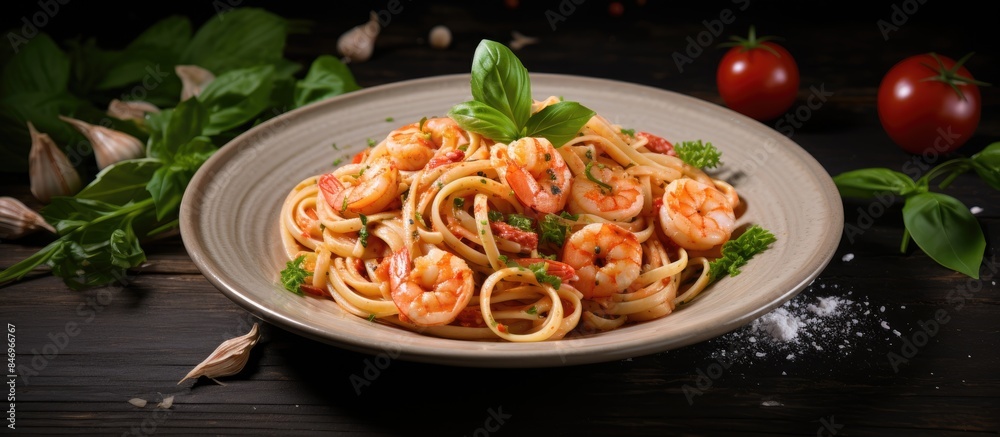Leinwandbilder close-up of a delicious plate of pasta topped with succulent shrimp and fresh tomatoes. with copy sp