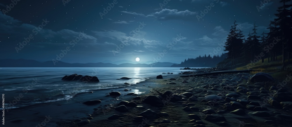 Poster Beach illuminated by super full moon on a dark night sky background, creating a mesmerizing moonlit scene. with copy space image. Place for adding text or design