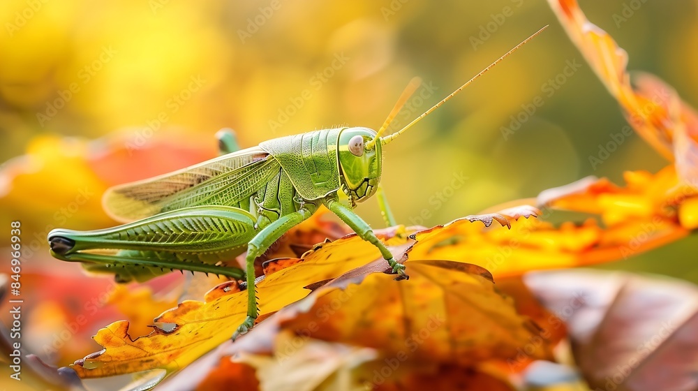 Poster A green grasshopper sitting on autumn coloured leaf Grasshopper in nature : Generative AI