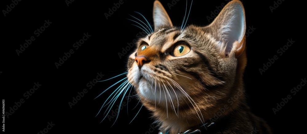Poster the felis catus, a small carnivorous mammal, is attentively looking upward. with copy space image. p