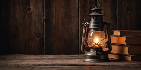 An old-fashioned lantern illuminating beside a stack of books on a weathered wooden surface