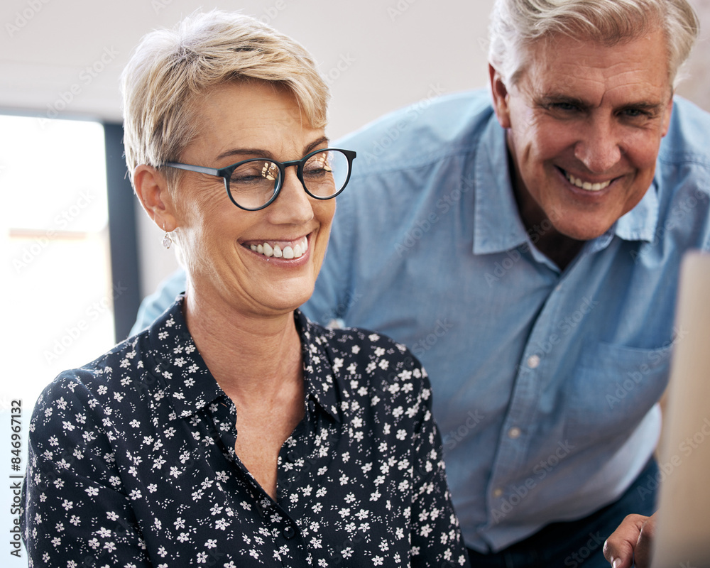 Wall mural Mature couple, computer and smiling with choices for retirement, vacation and holiday at home. Woman on laptop, man and excited for destinations for trip, browsing and budgeting in living room