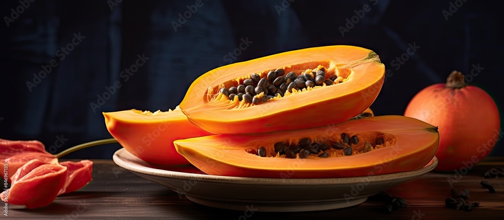 Fototapete Arrangement of peeled papaya slices on a plate, showcasing seeds alongside a single pepper. with copy space image. Place for adding text or design