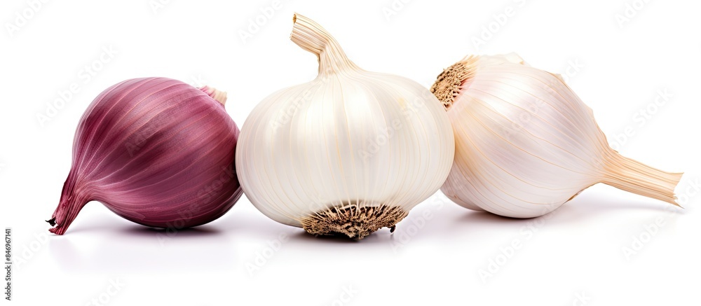 Aufkleber Three whole garlic bulbs and a single red onion placed on a clean, white surface. An isolated image of a garlic clove and a piece of red onion against a plain white backdrop. with copy space image