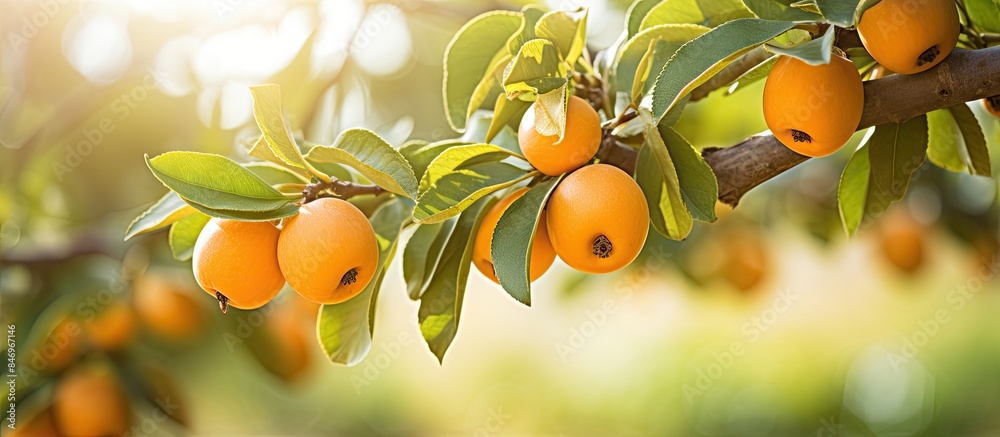 Poster numerous ripe oranges hanging from a tree branch in a vibrant orchard setting, showcasing the bounti