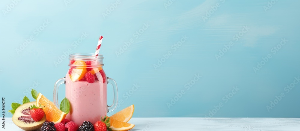 Fototapete glass filled with freshly blended fruit smoothie topped with a straw resting on a wooden table. with